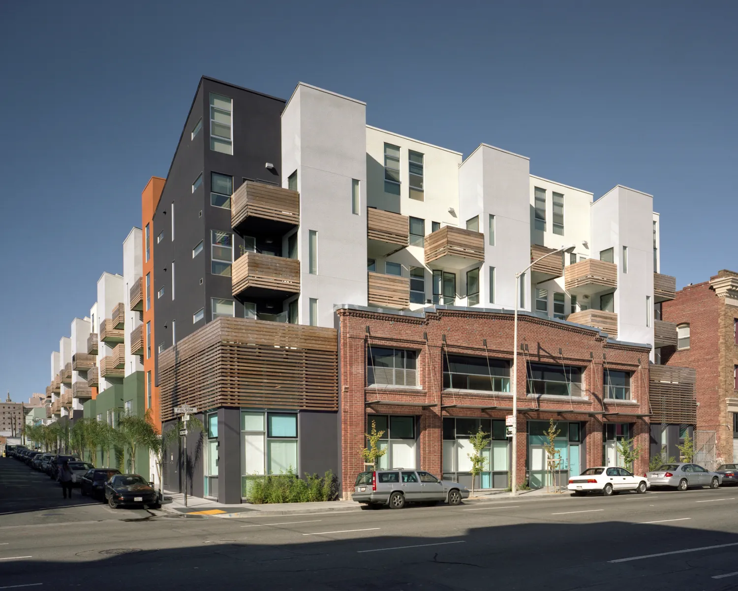 Exterior corner elevation of Folsom-Dore Supportive Apartments in San Francisco, California.
