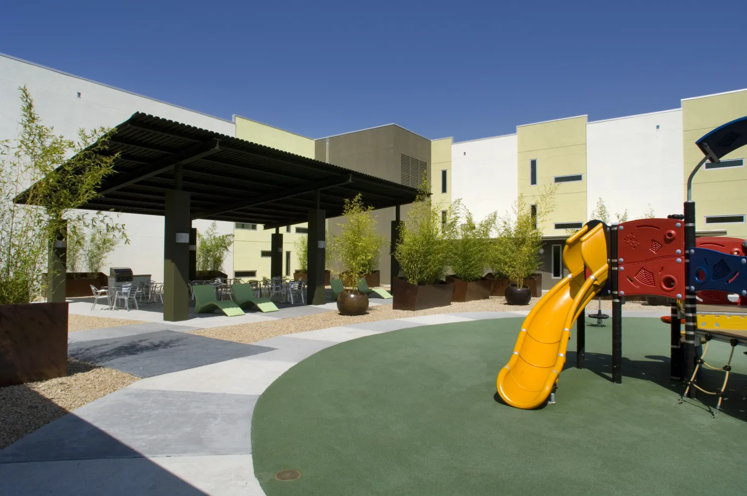 Playground and seating area on the rooftop on Delmas Park in San Jose, California.
