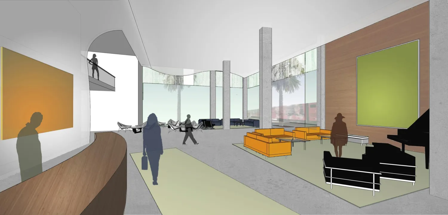 Interior rendering of the lobby entrance to Hotel SOMA.
