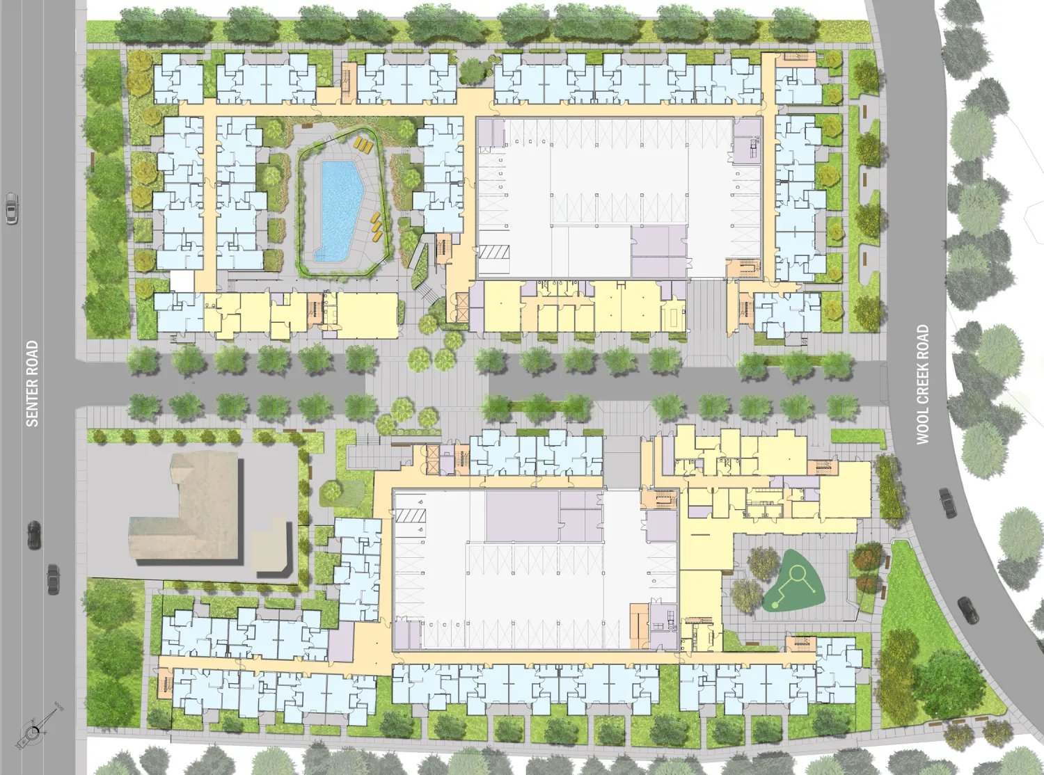 Ground level site plan for Paseo Senter in San Jose, California.