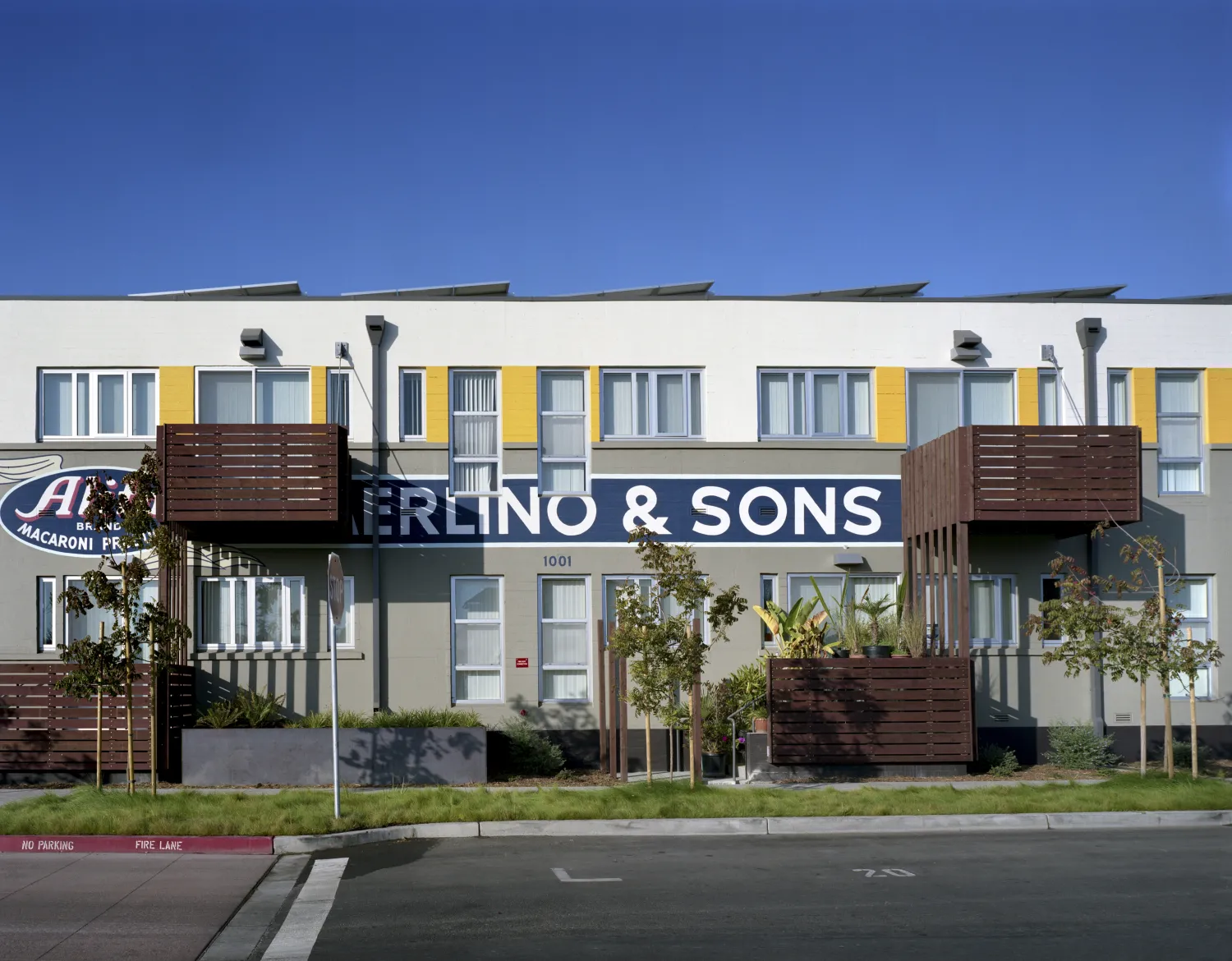 Exterior view of supportive housing units at Tassafaronga Village in East Oakland, CA. 