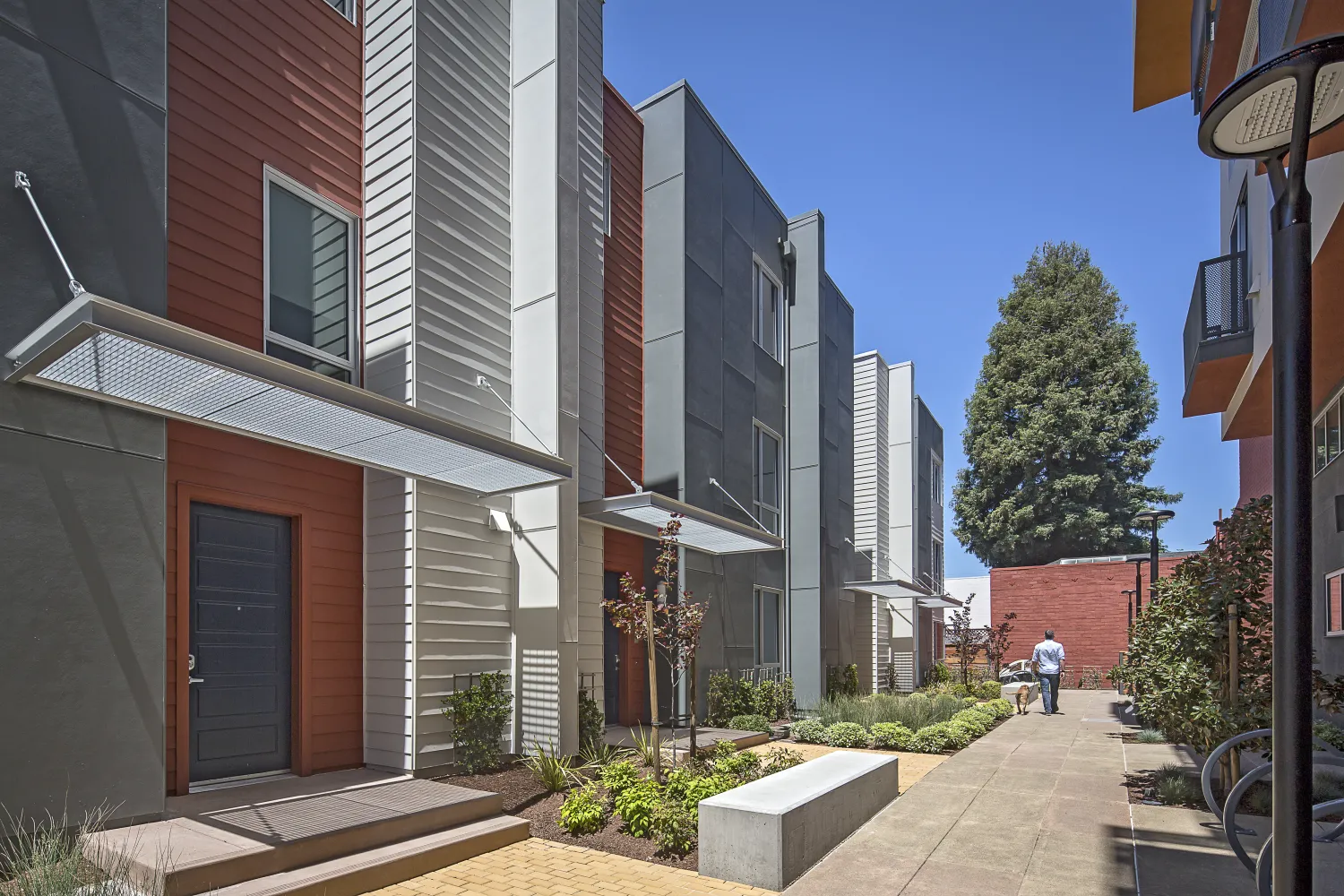 Ground floor units and garden mews at Parker Place in Berkeley, California.