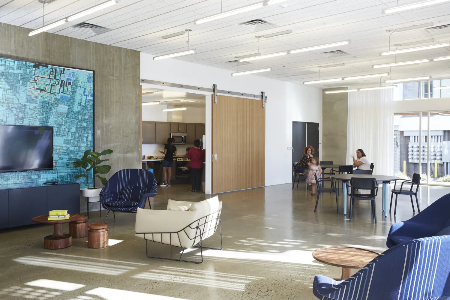 Community kitchen and room inside Rivermark in Sacramento, Ca.