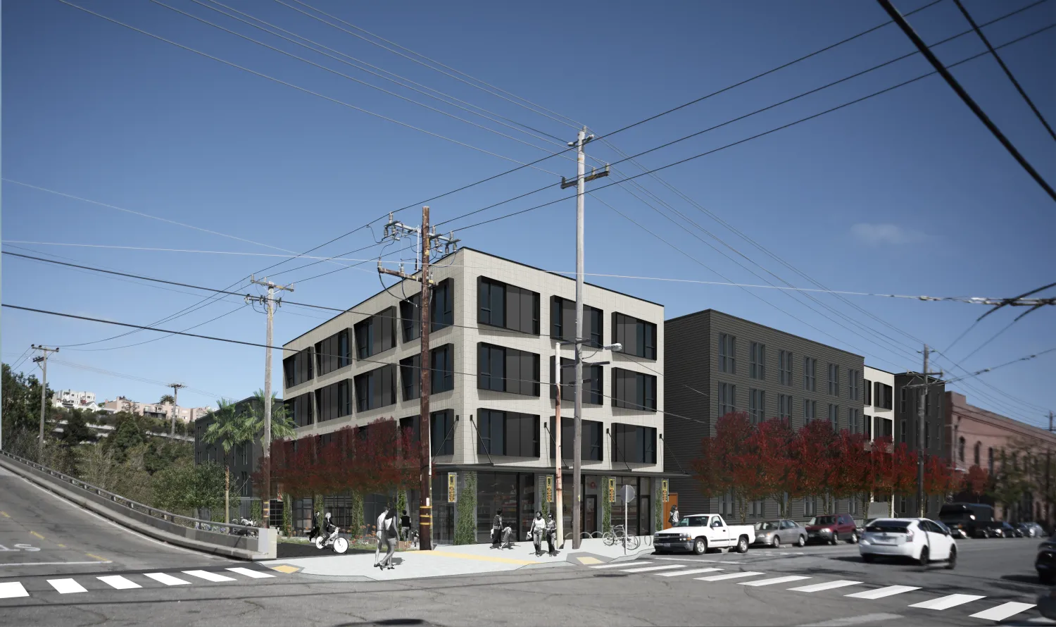 Exterior rendering of the corner of 789 Minnesota in San Francisco.