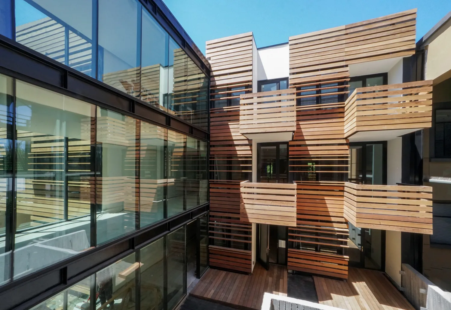 Courtyard and glass bridge constriction inside Harmon Guest House in Healdsburg, Ca.