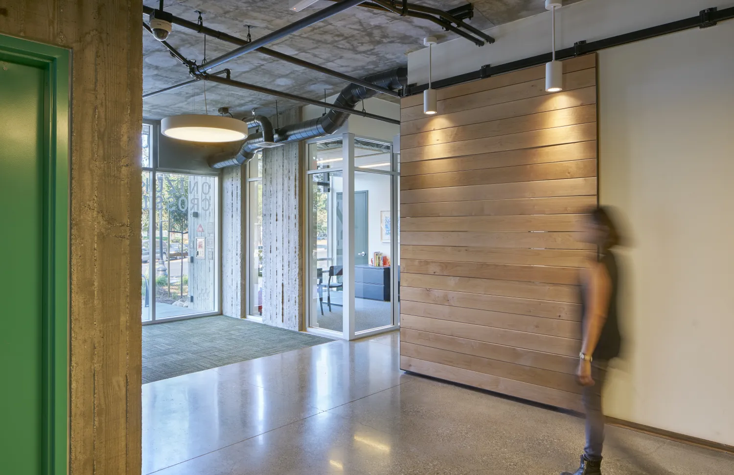 Entrance lobby inside Onizuka Crossing Family Housing in Sunnyvale, California.