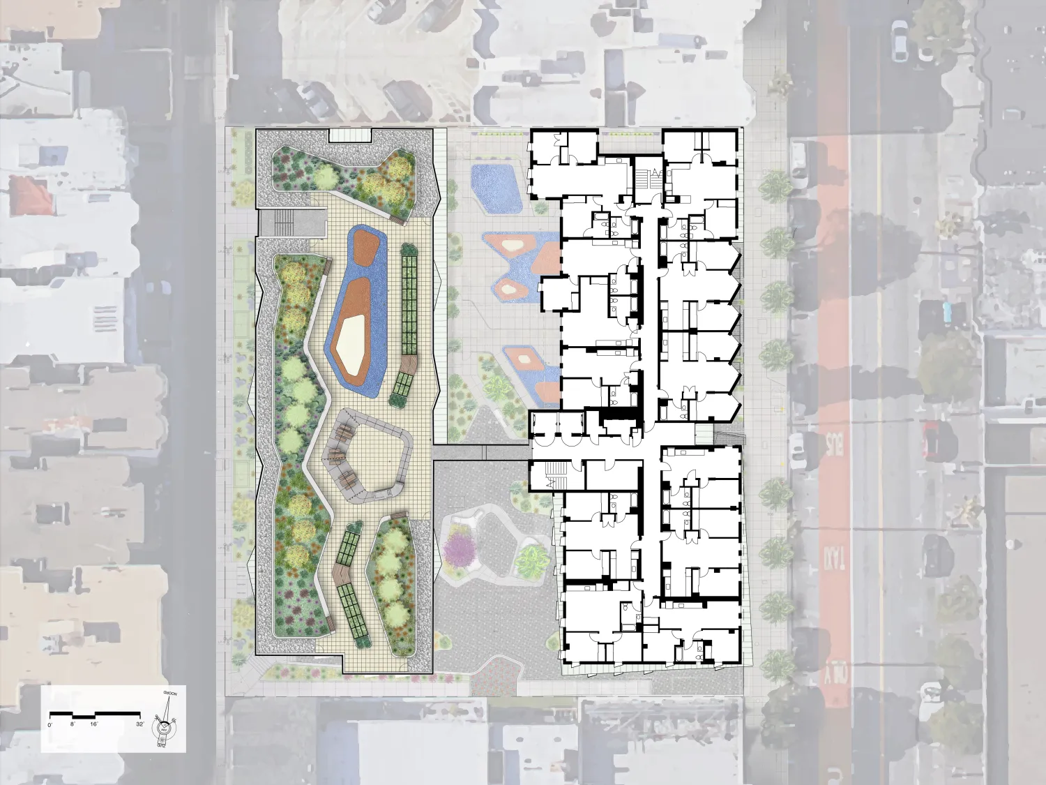 Upper level site plan for La Fénix at 1950, affordable housing in the mission district of San Francisco.