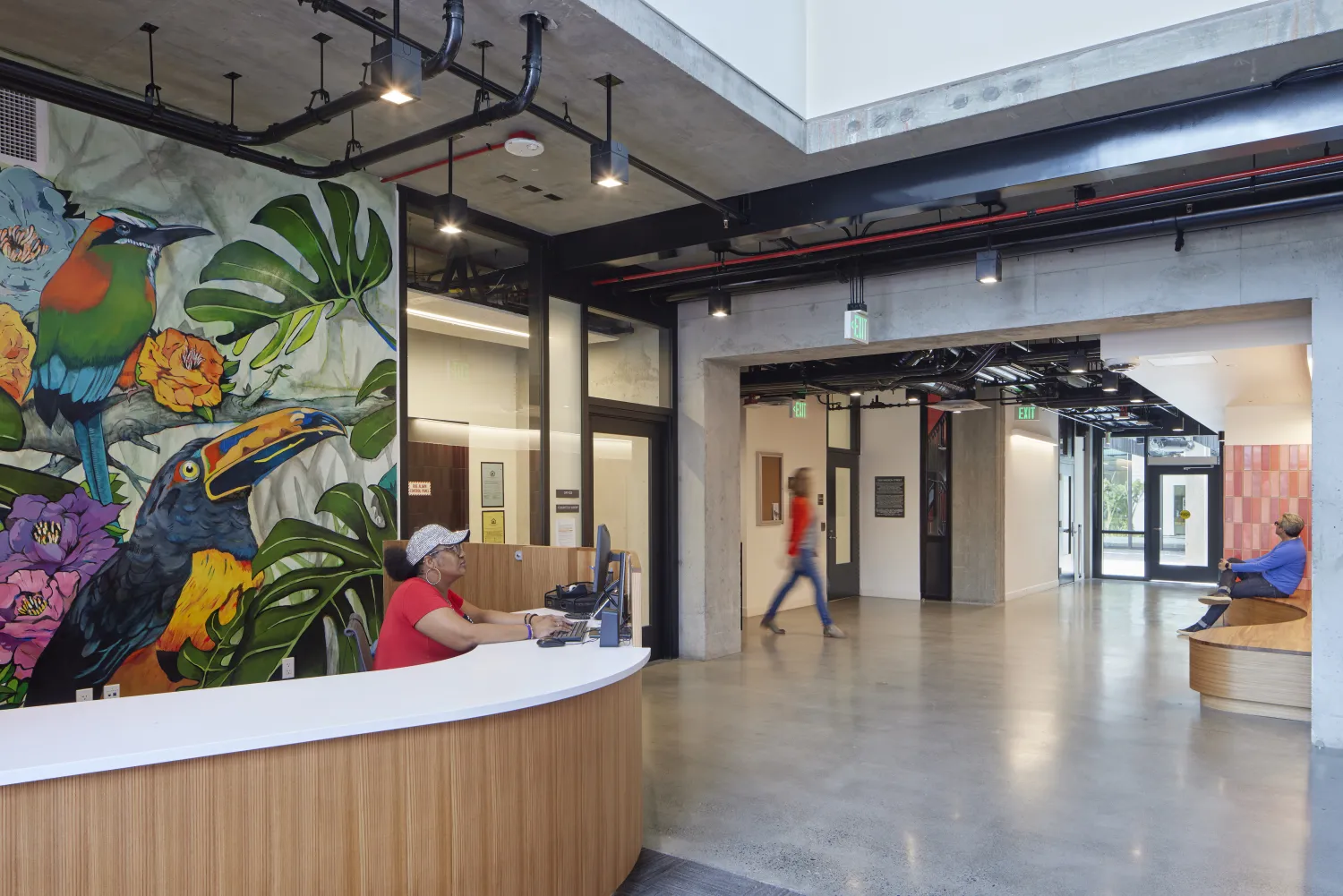 Entrance lobby inside La Fénix at 1950, affordable housing in the mission district of San Francisco.