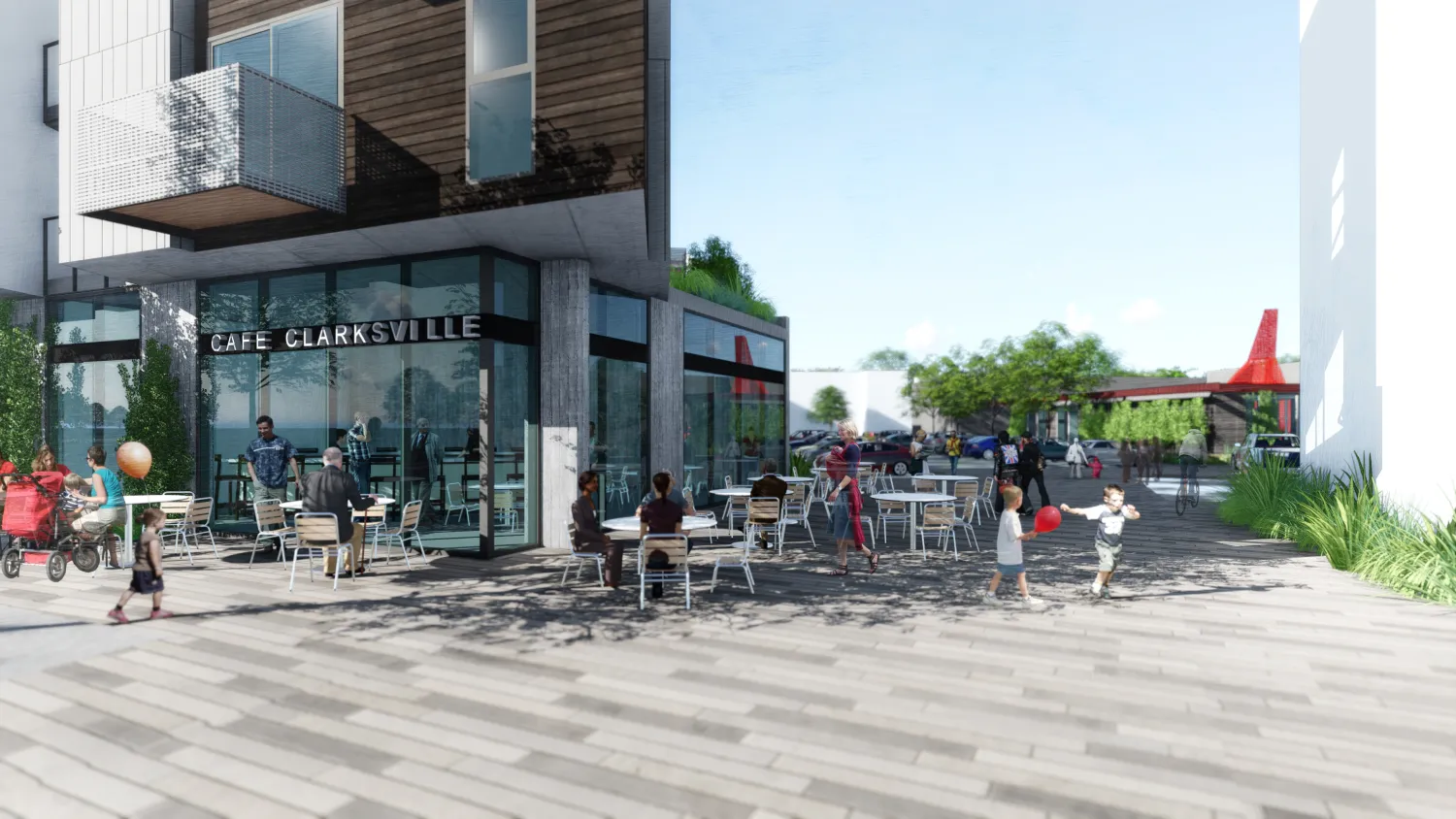 Exterior rendering showing ground-floor retail and outdoor seating for 26th and Clarksville in Nashville, Tennessee. 