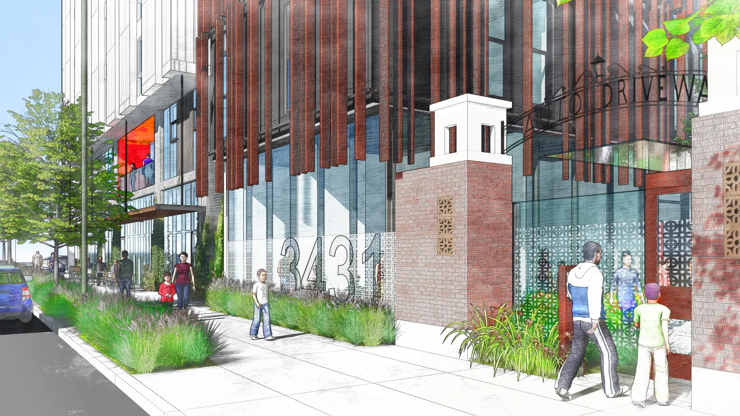 Exterior rendering of the entry to 34th and San Pablo Affordable Family Housing in Oakland, California.