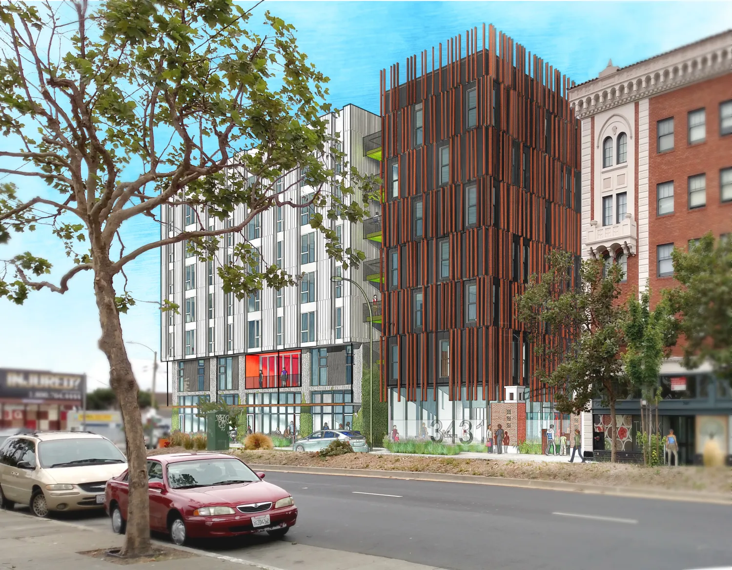 Exterior rendering of 34th and San Pablo Affordable Family Housing in Oakland, California.