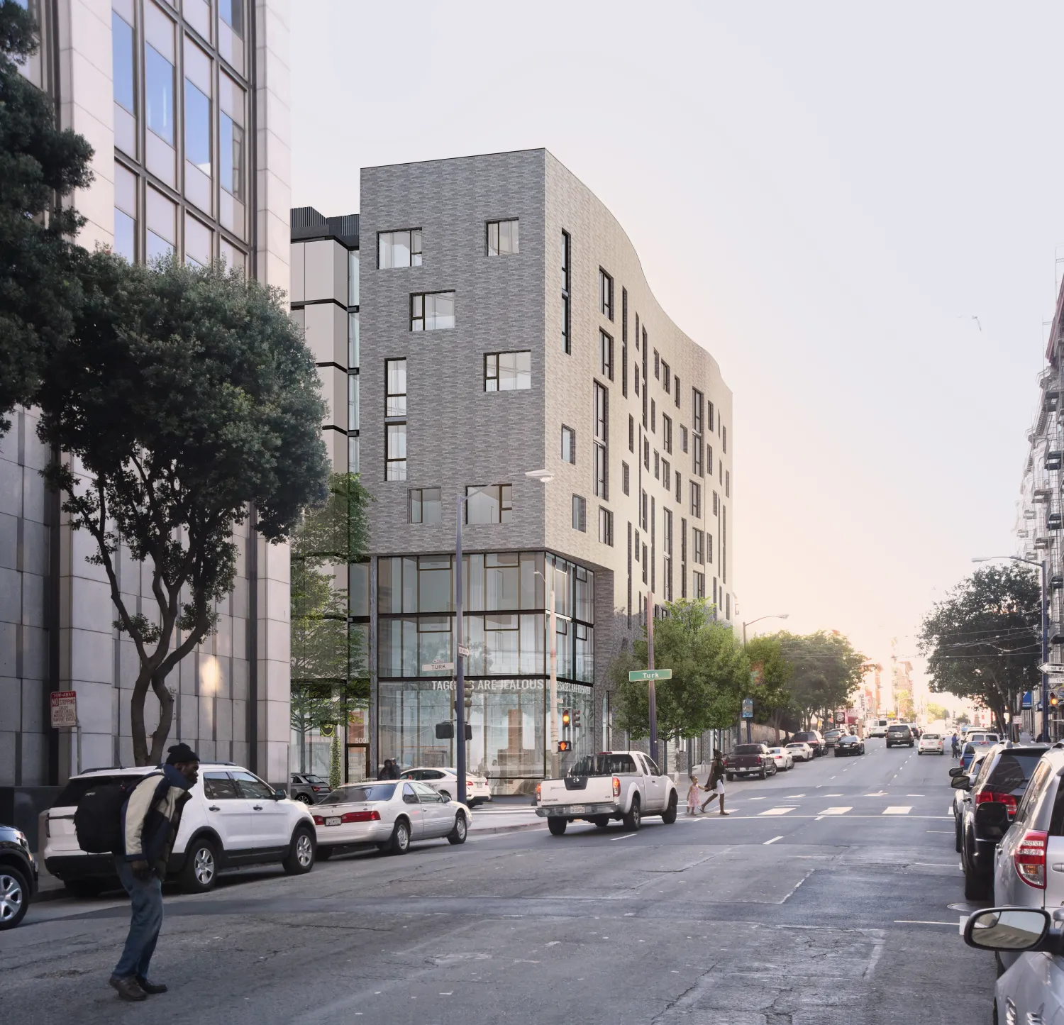 Exterior Rendering of 555 Larkin in San Francisco, an 8-story building with a wavy facade clad in variegated tan colored tile.