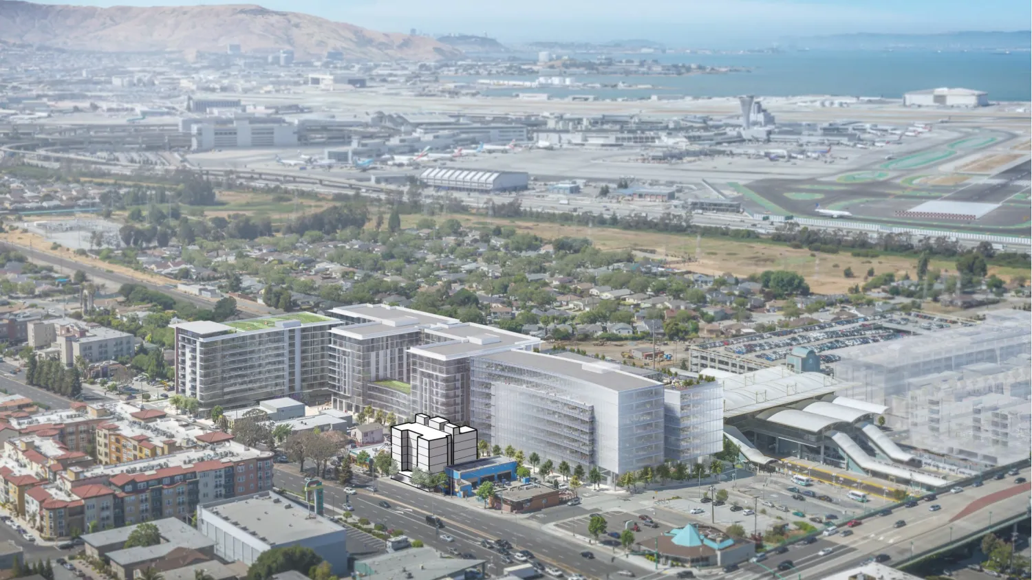 Aerial rendering of 130 El Camino in Millbrae, California.