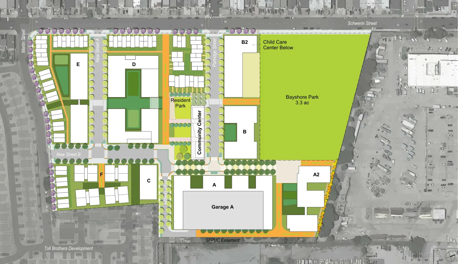 Site Plan for the Midway Village Framework Plan in Daly City, Ca.