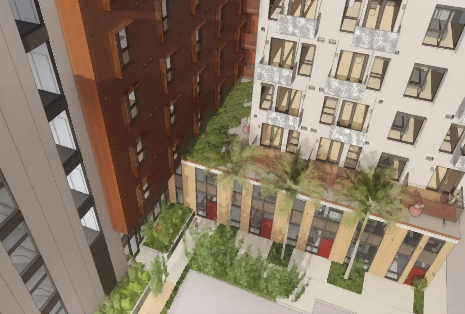 Aerial rendering of the pedestrian passage for 420 Mendocino in Santa Rosa, California.