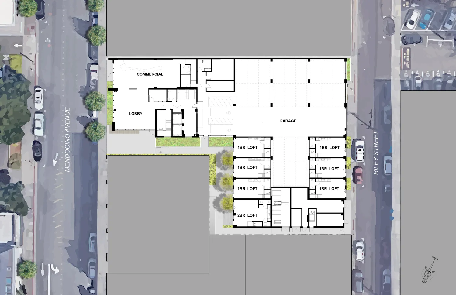Ground level site plan for 420 Mendocino in Santa Rosa, California.