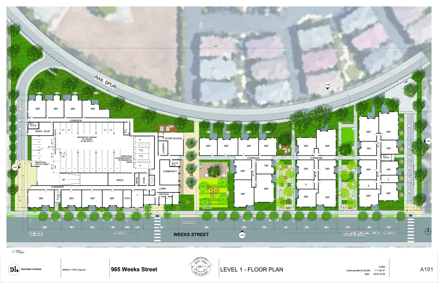 Level 1 site plan for Colibrí Commons in East Palo Alto, California.