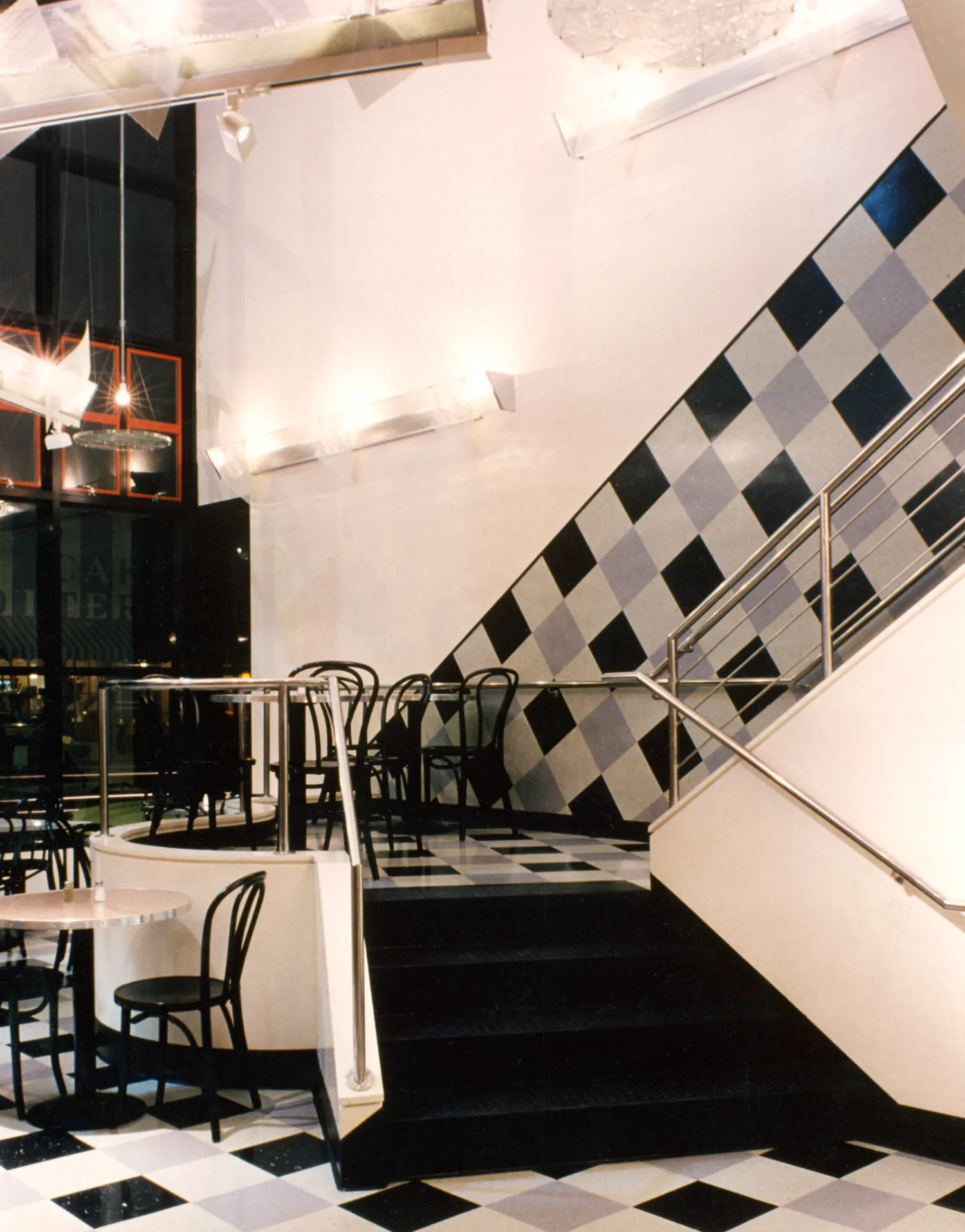 Checkered vinyl wall and floor detail at  Fred Cody Building & Cody's Cafe in Berkeley, California.