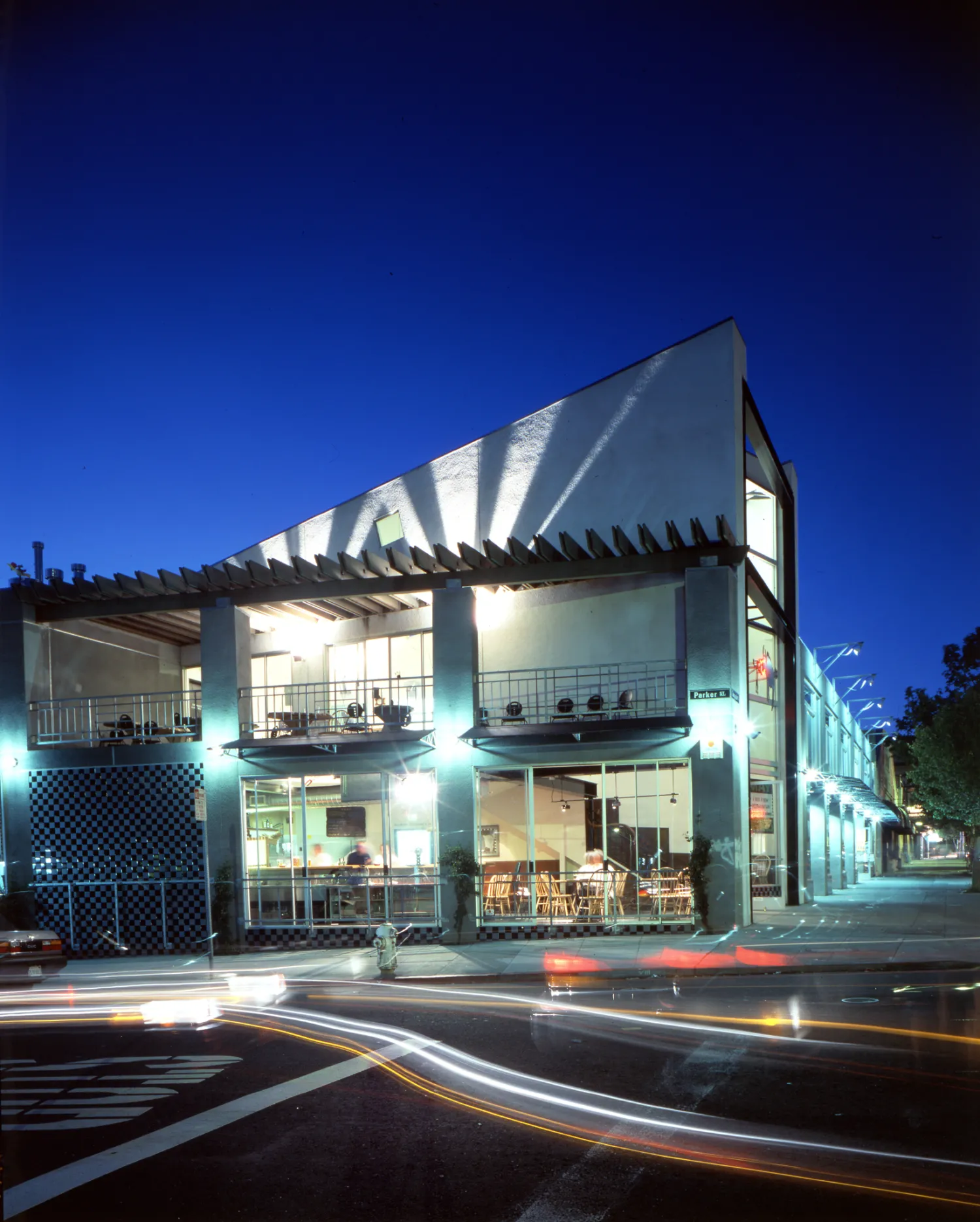 Exterior view of Bison Building & Brew Pub at night in Berkeley, California.