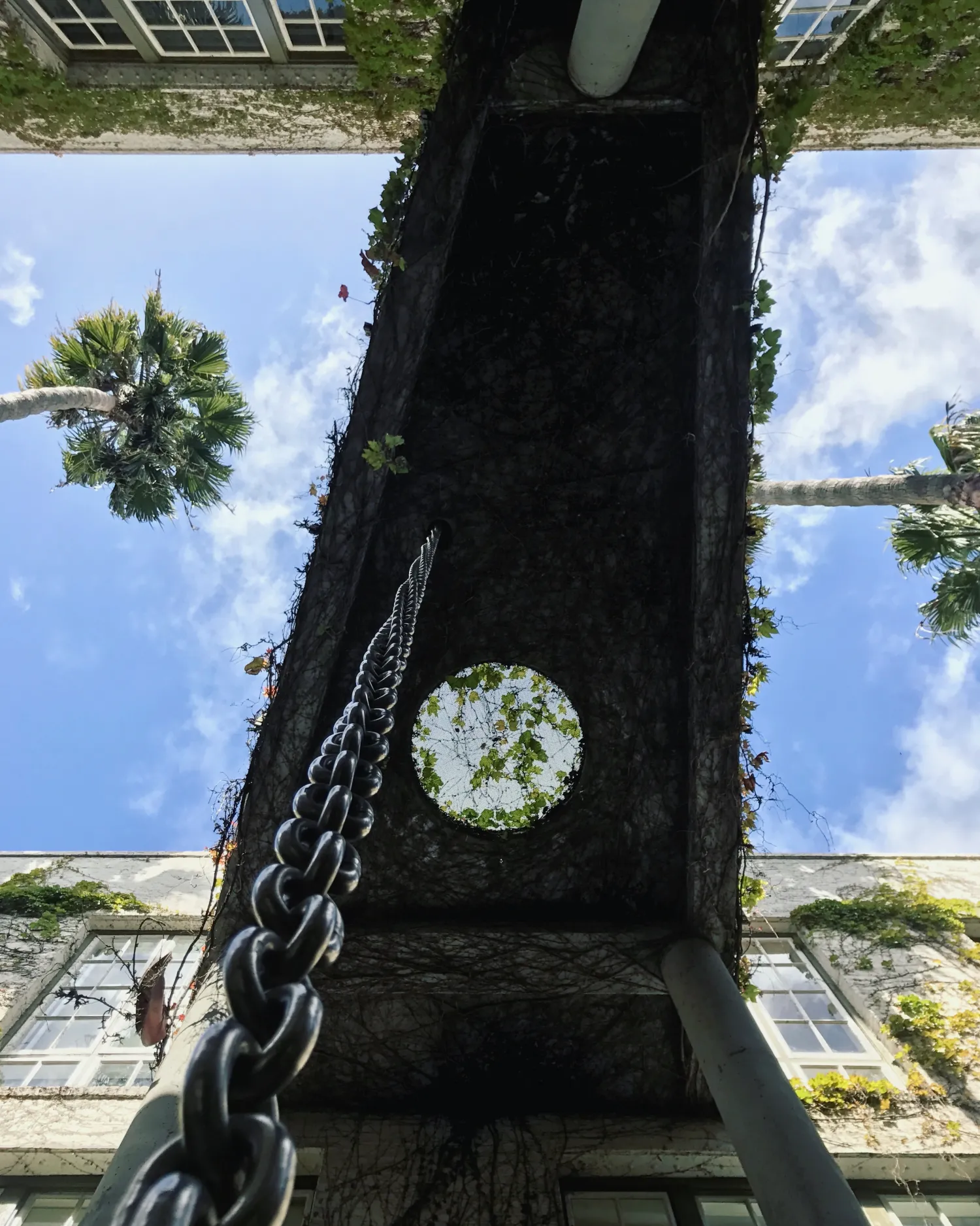 Looking up from the courtyard to the second floor and the sky at the Clock Tower Lofts in San Francisco.