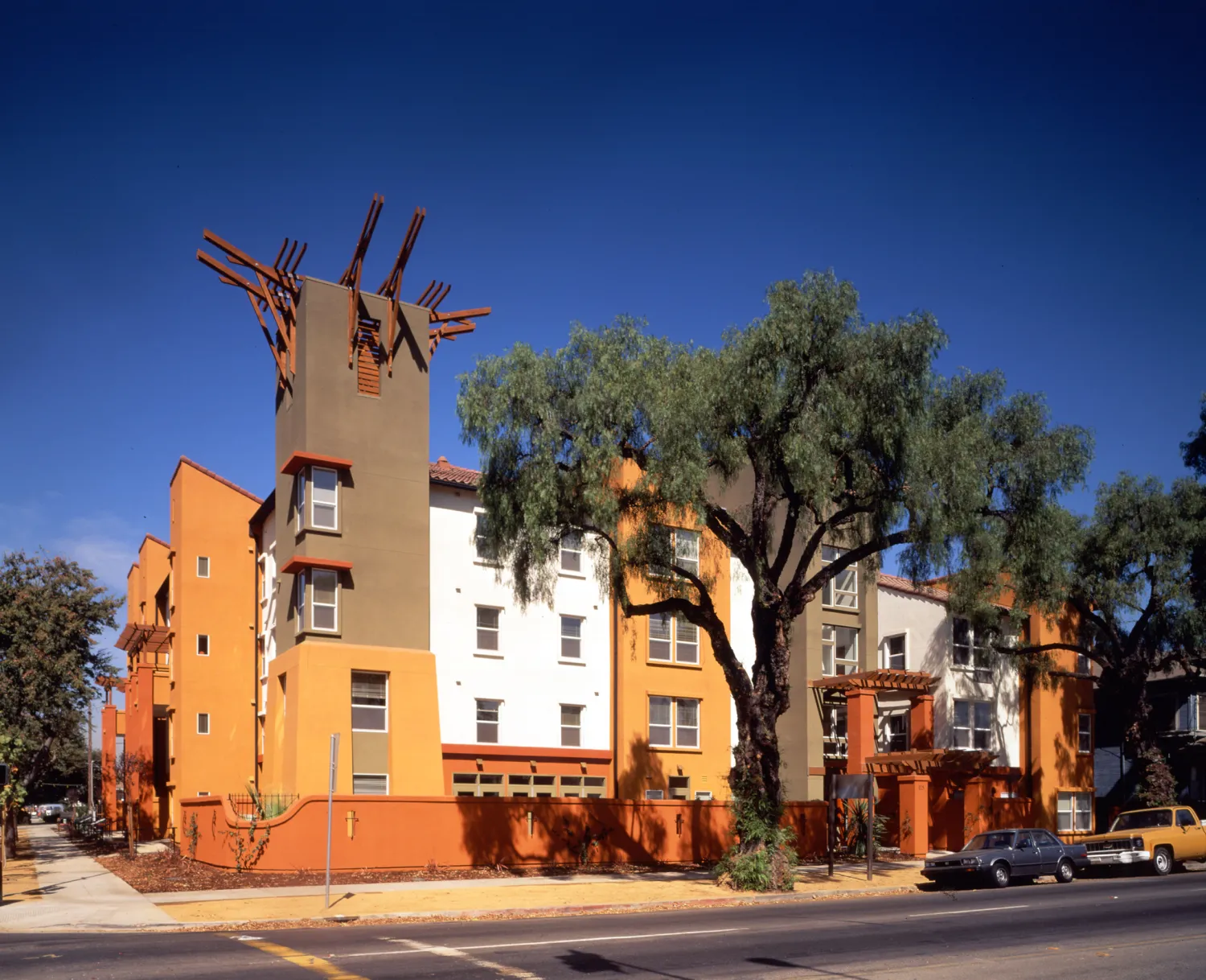 Exterior corner street view of Plaza Maria in San Jose, California.