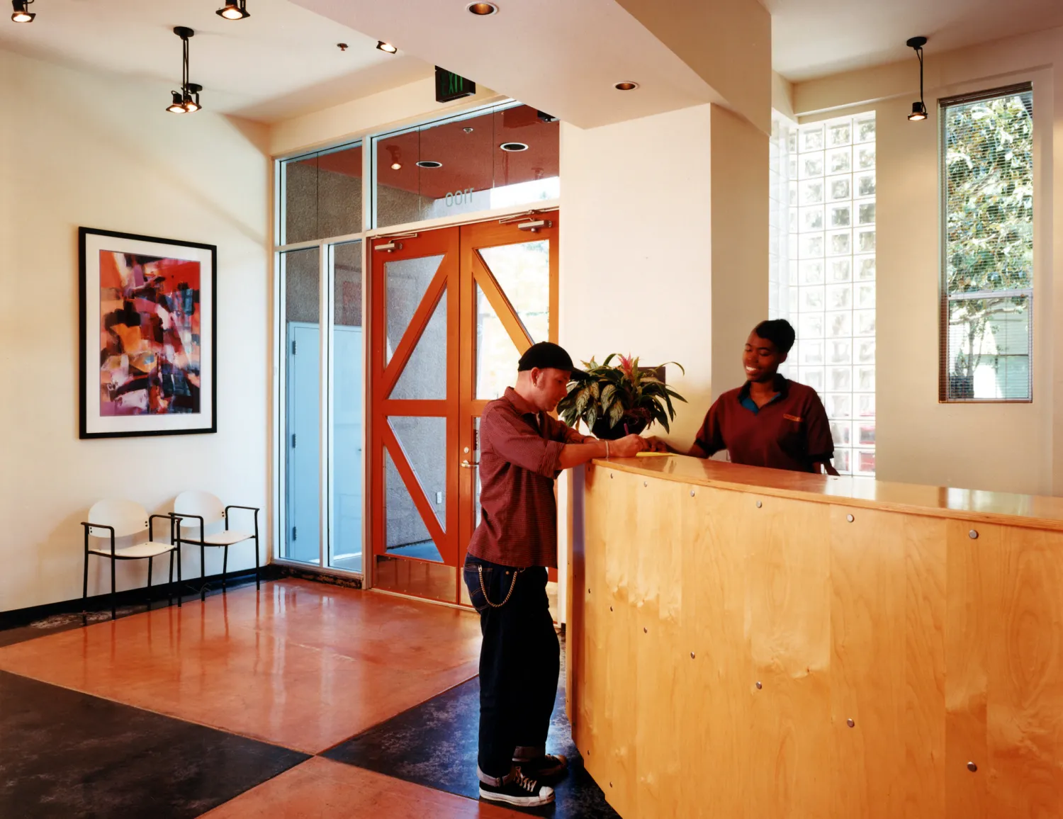 Entry lobby and reception desk at Pensione K in Sacramento, California.