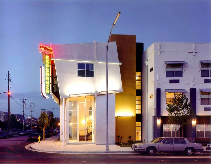 Exterior view of Pensione Esperanza at sunset in San Jose, California.