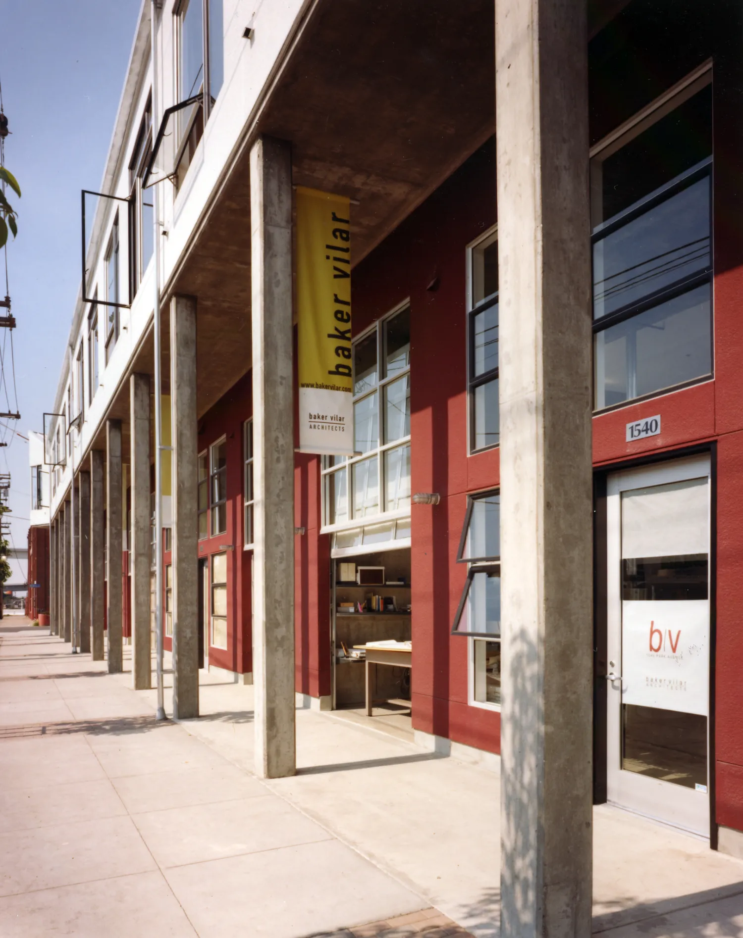 Exterior view of the ground level live/work lofts at 1500 Park Avenue Lofts in Emeryville, California.