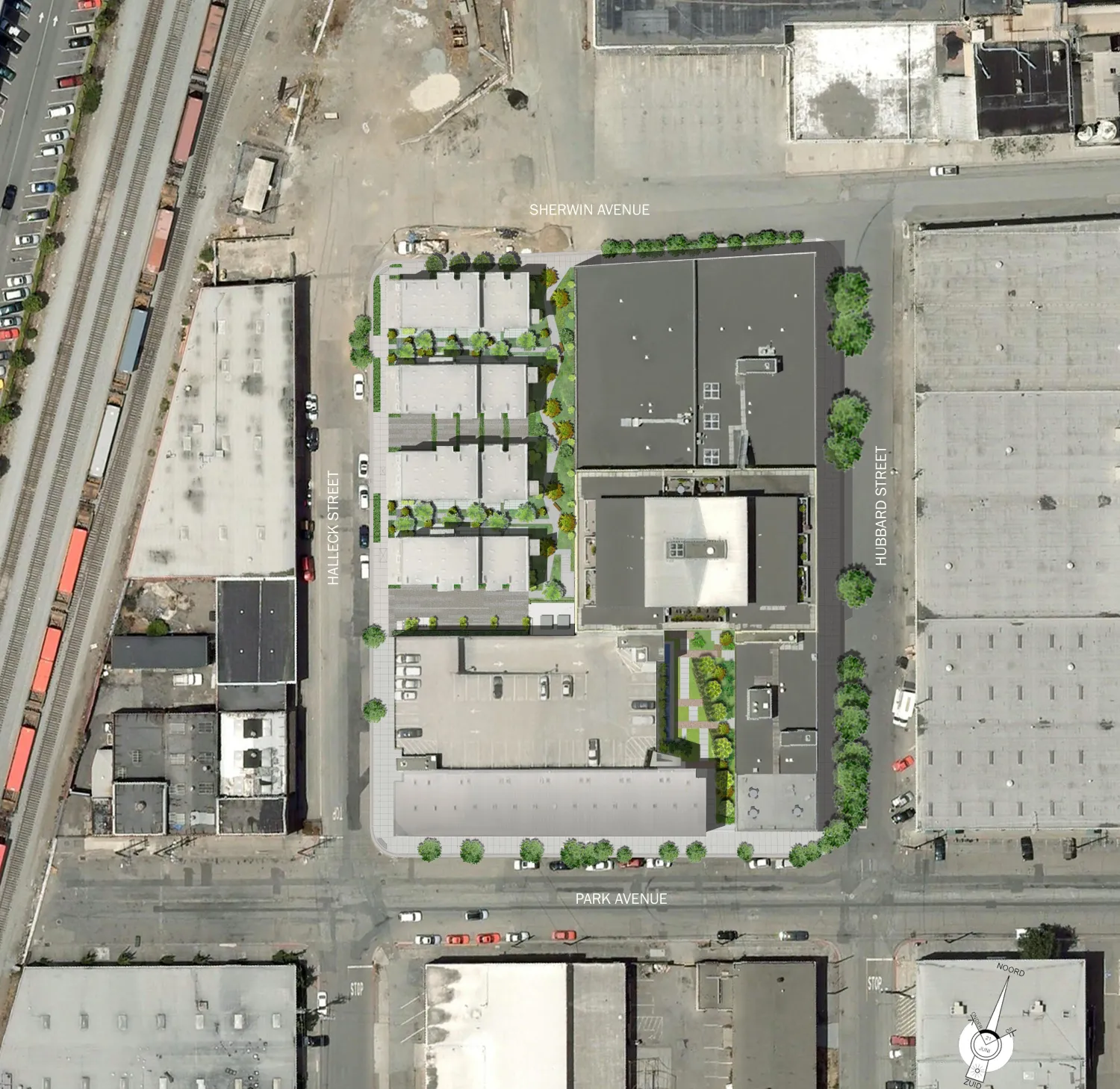 Aerial site plan for Blue Star Corner and 1500 Park Avenue Lofts in Emeryville, Ca.