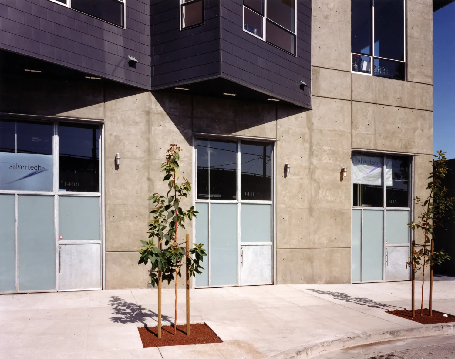 Exterior view of the ground-floor lofts at Indiana Industrial Lofts in San Francisco.