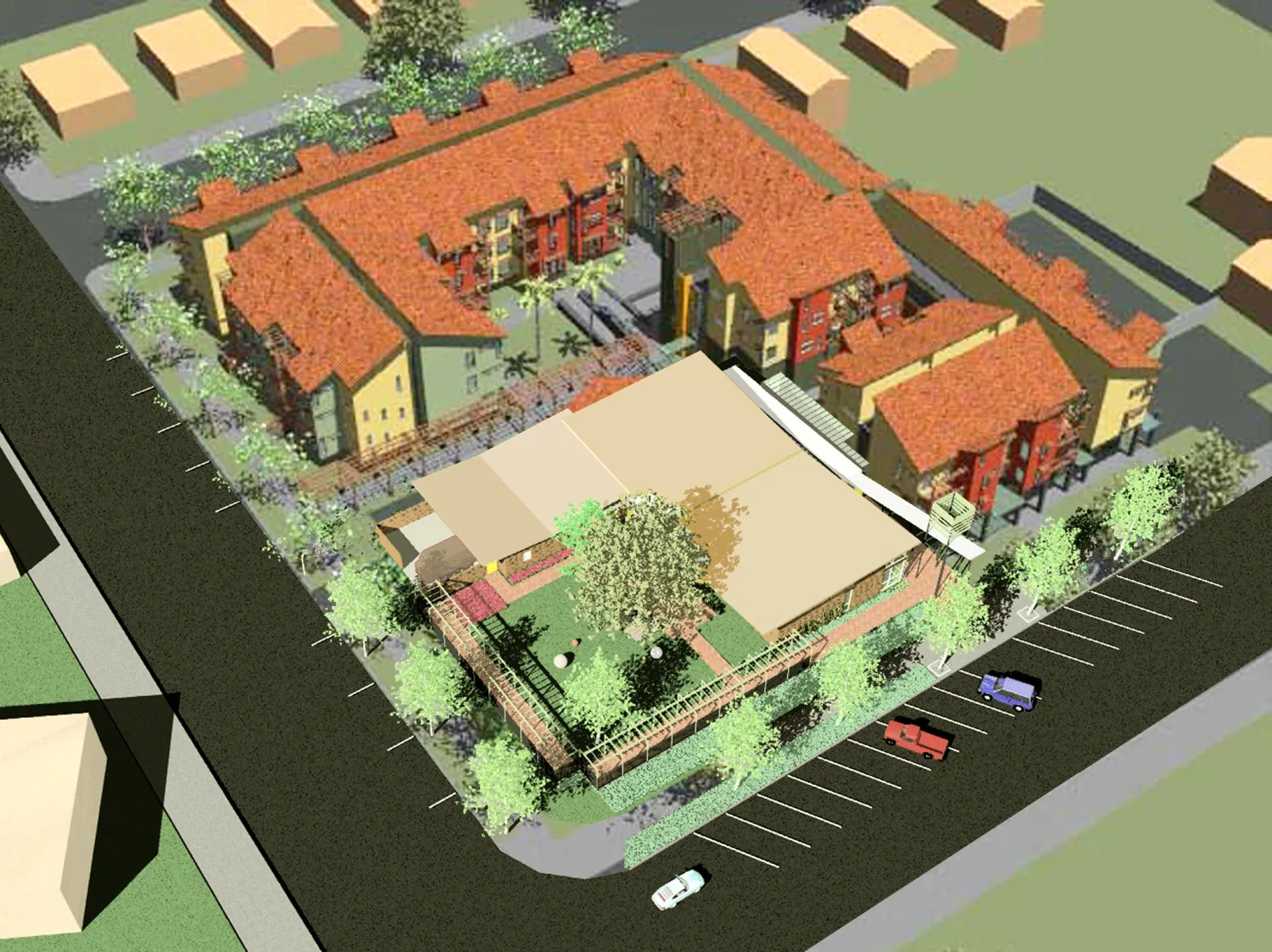 Aerial rendering of Mabuhay Court and Northside Community Center in San Jose, Ca.