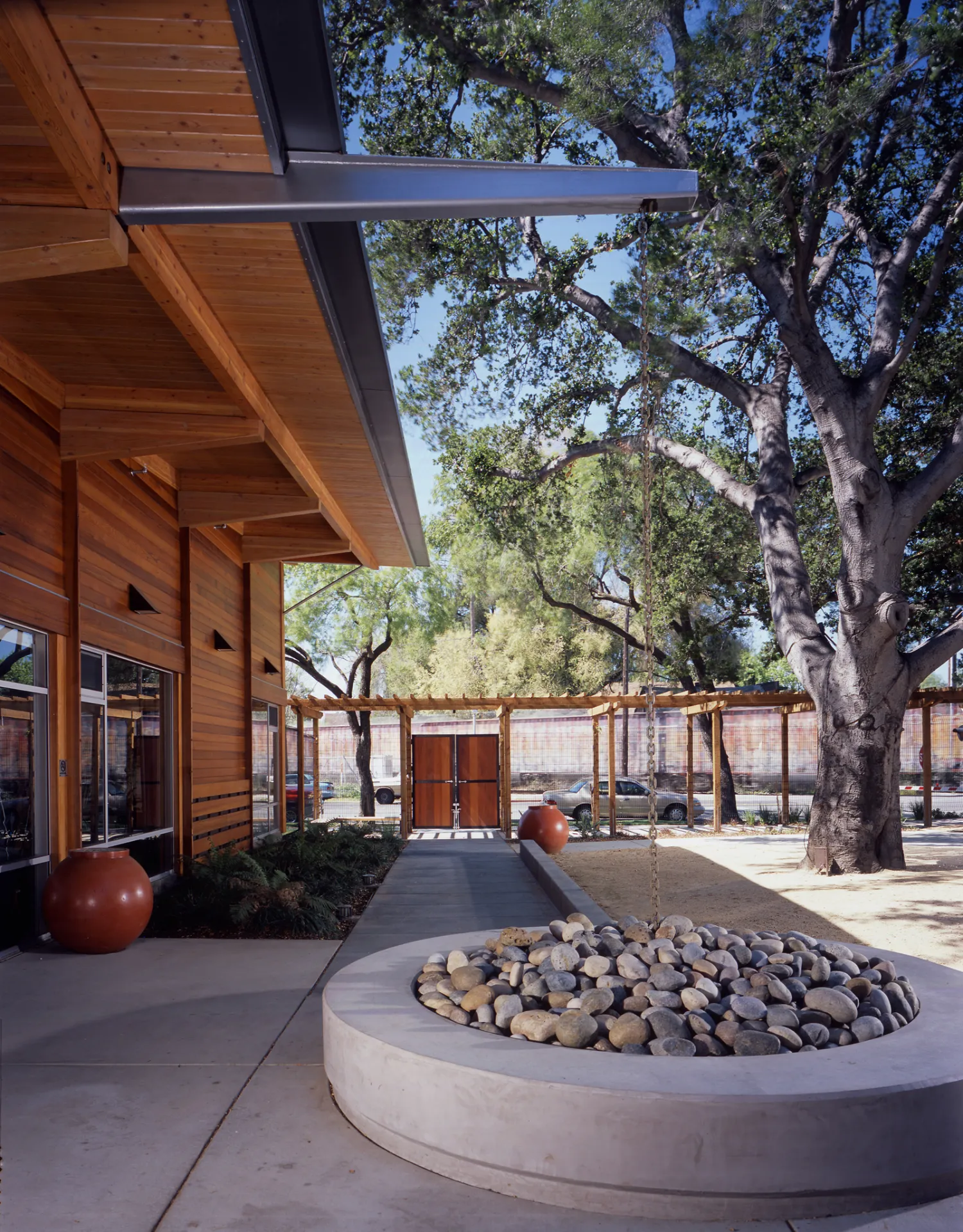 Courtyard and rain fountain at Northside Community Center in San Jose, California.