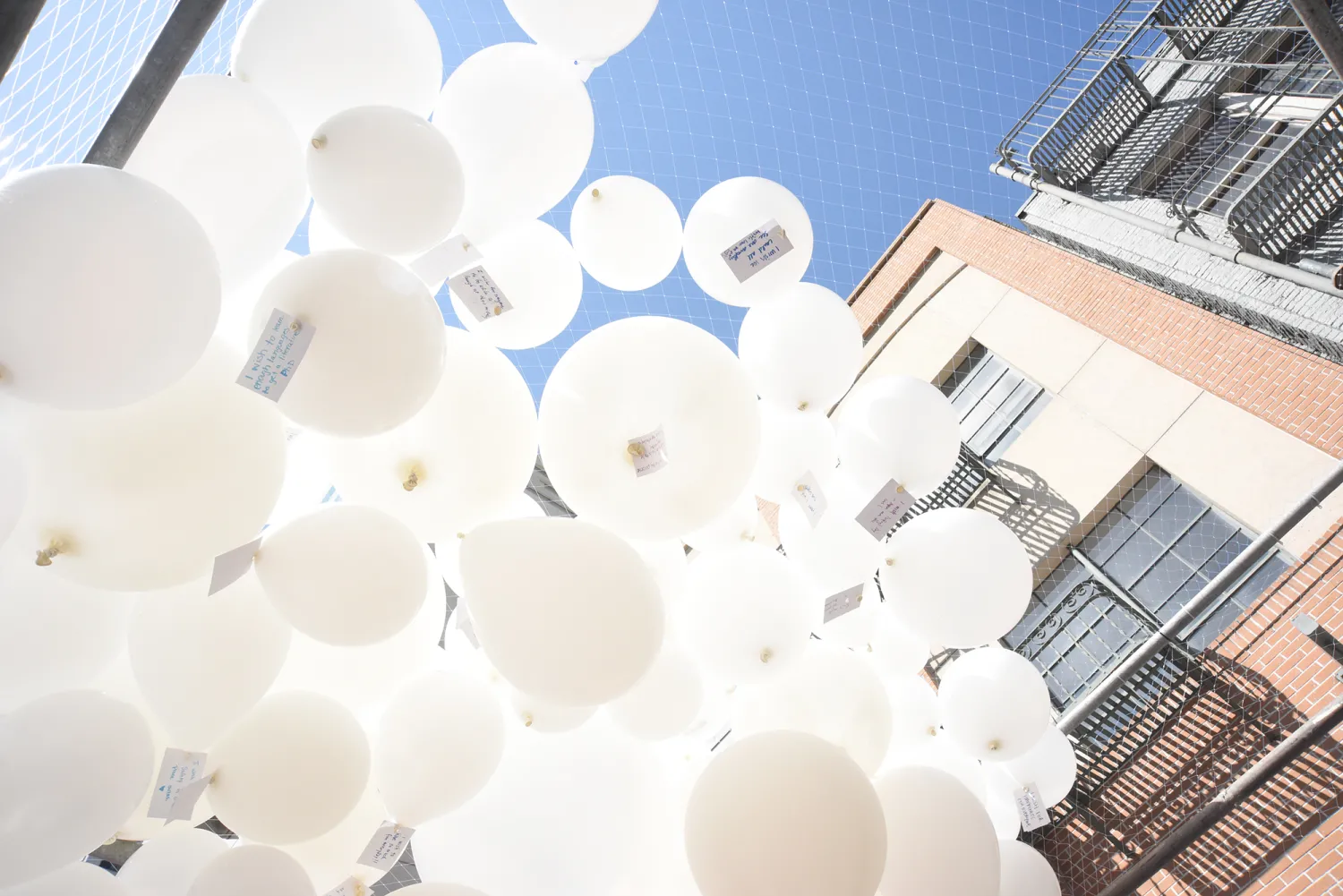 Looking up at the white balloons for Wishing Cloud.