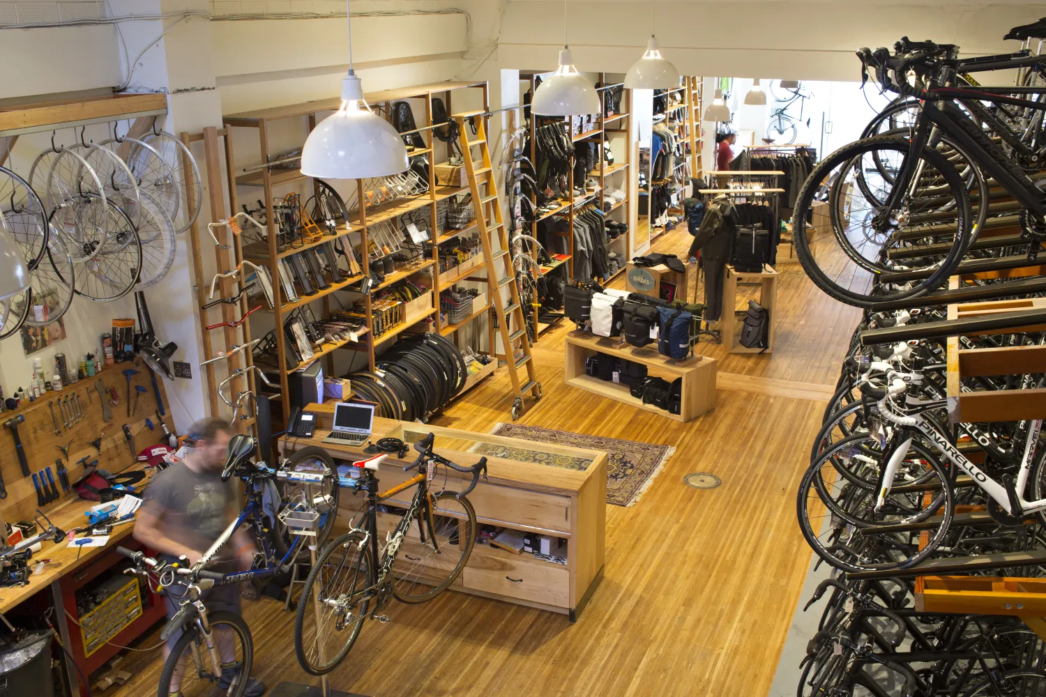 Interior view of the bicycle shop Huckleberry Bicycles in San Francisco.