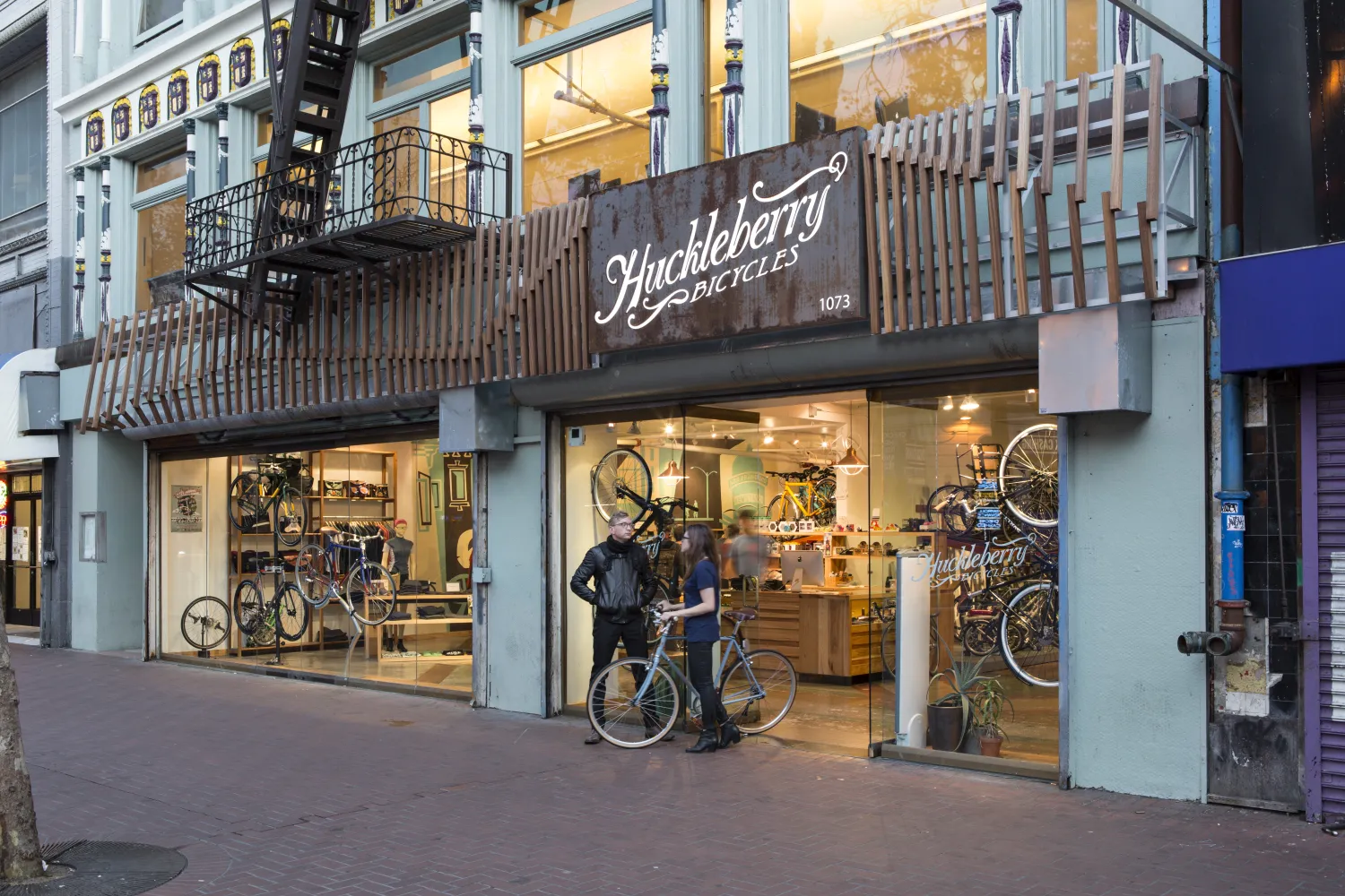 Exterior view of the entrance to Huckleberry Bicycles in San Francisco.