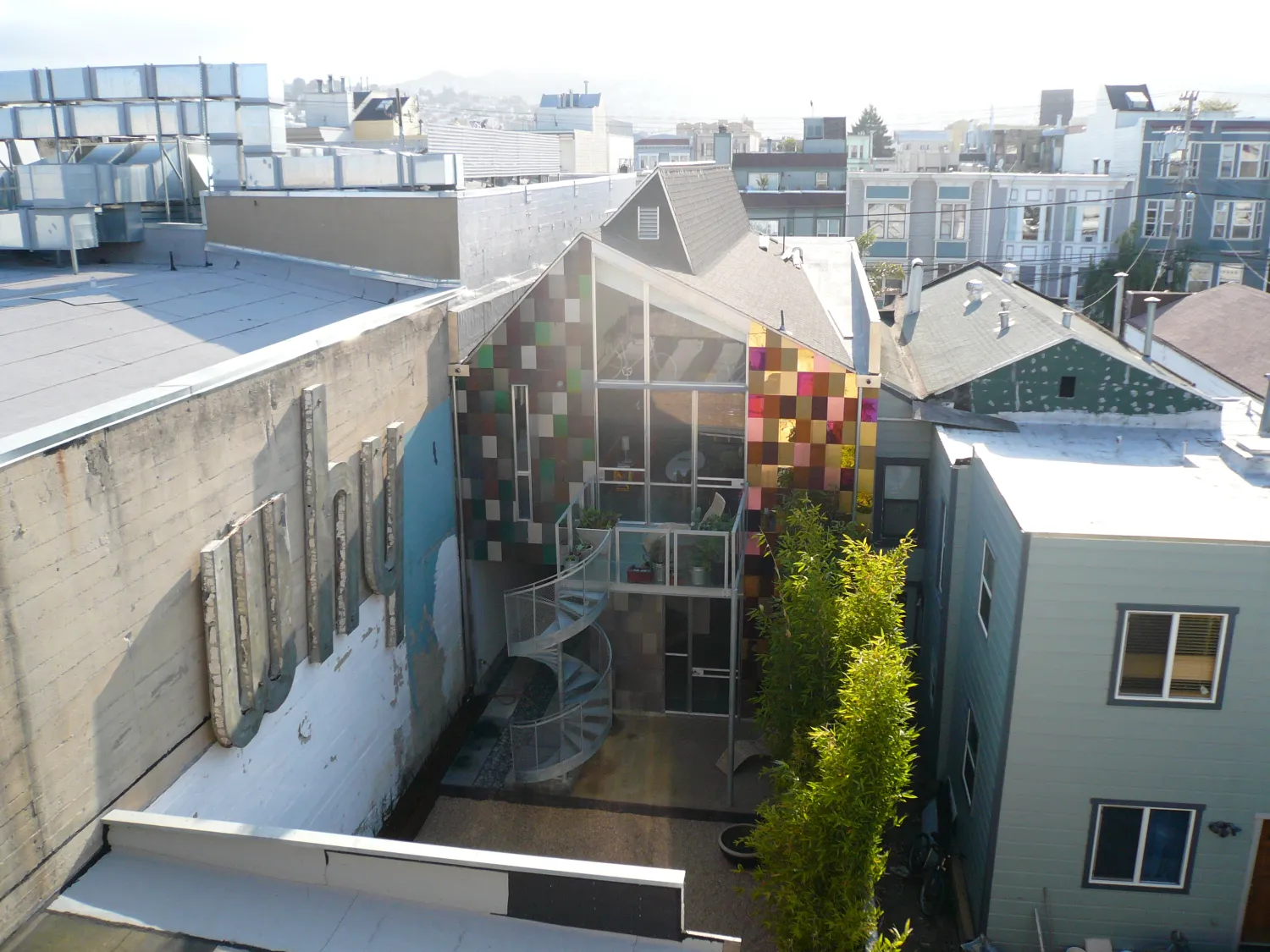 Colorful mosaics facade on the back of the building at Shotwell Design Lab in San Francisco.