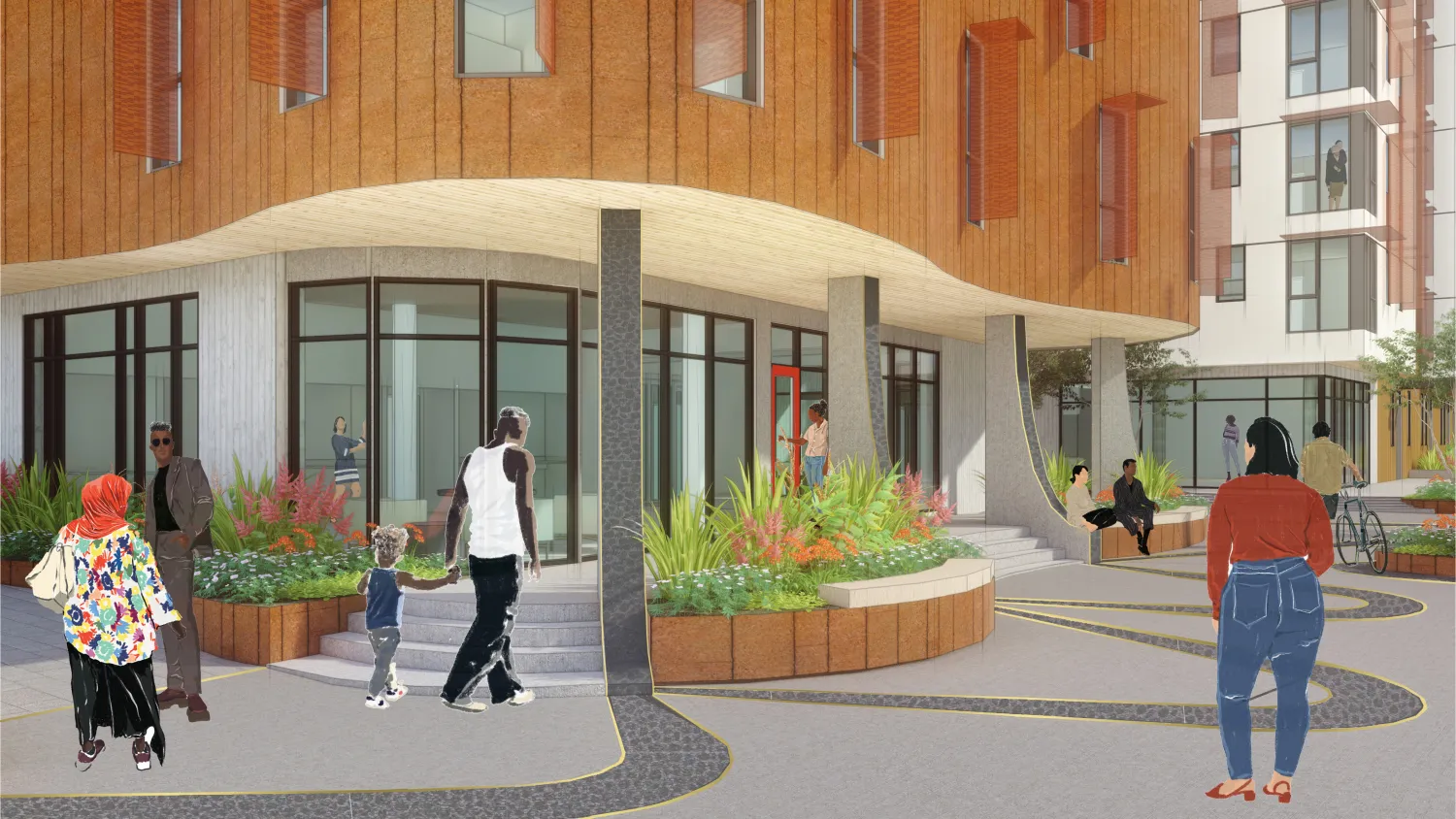 Rendering of the plaza at Africatown Plaza in Seattle, Washington.