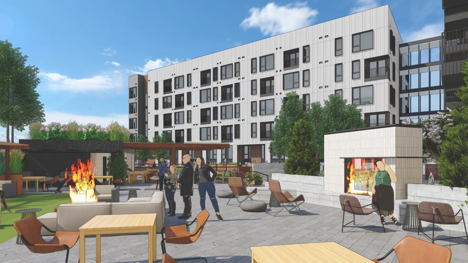 Exterior rendering of the residential patio with seating and fire pits at Union Brick in Nashville, Tennessee.