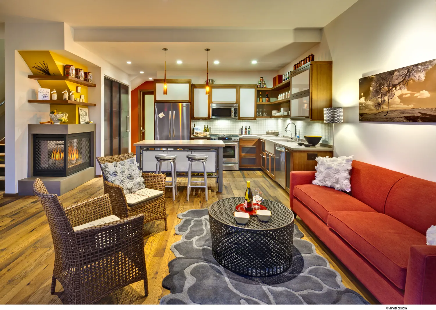 Interior view of living room and kitchen at Truckee Prototype Mixed-Use Townhouse in Truckee, California.