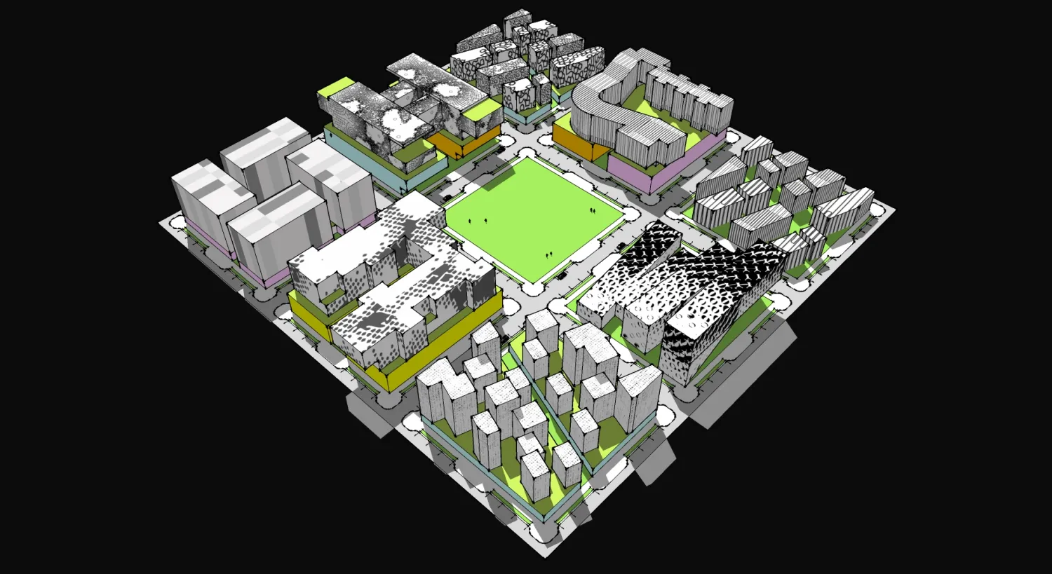 Aerial site plan of the nine blocks for humanCITY.