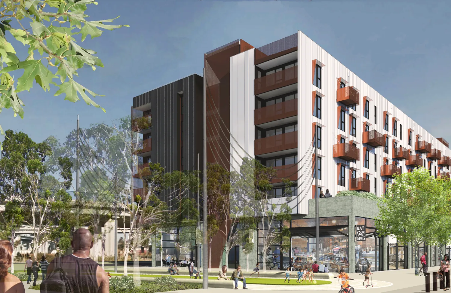 Exterior rendering of 2121 Wood Street in Oakland, California.