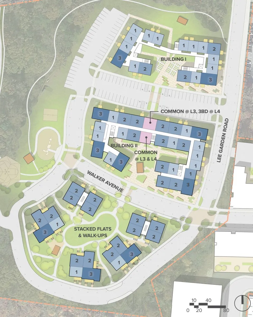 Typical upper level site plan for Lee Walker Heights in Asheville, North Carolina.