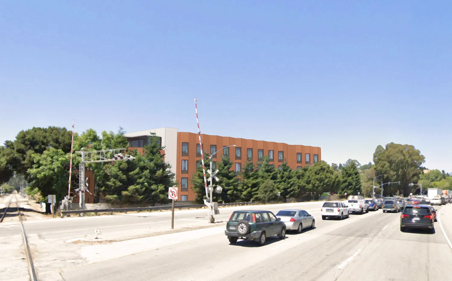 Rendered distant view of Harvey West Studios from freeway in Santa Cruz.