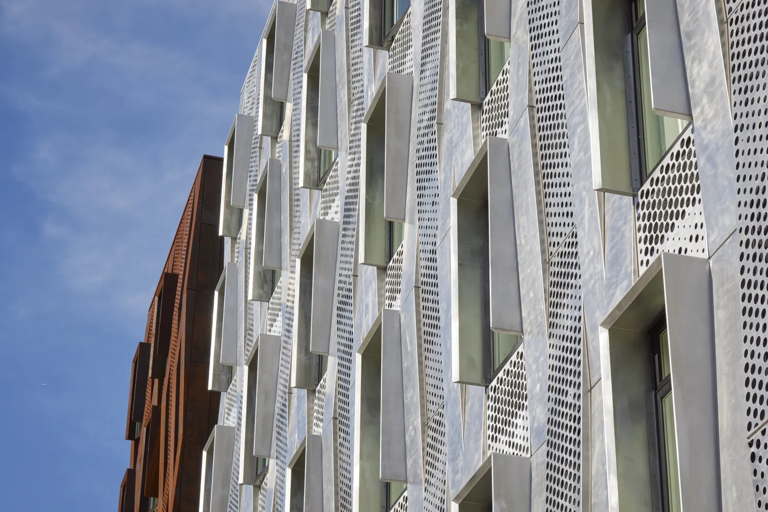 Detail of aluminum rainscreens at Tahanan Supportive Housing in San Francisco.