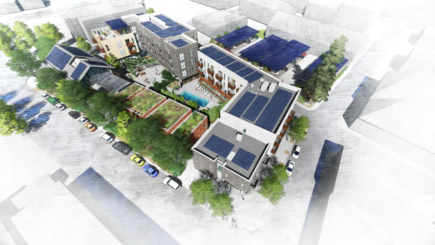 Aerial rendering of Hotel Sebastopol in Healdsburg, Ca.