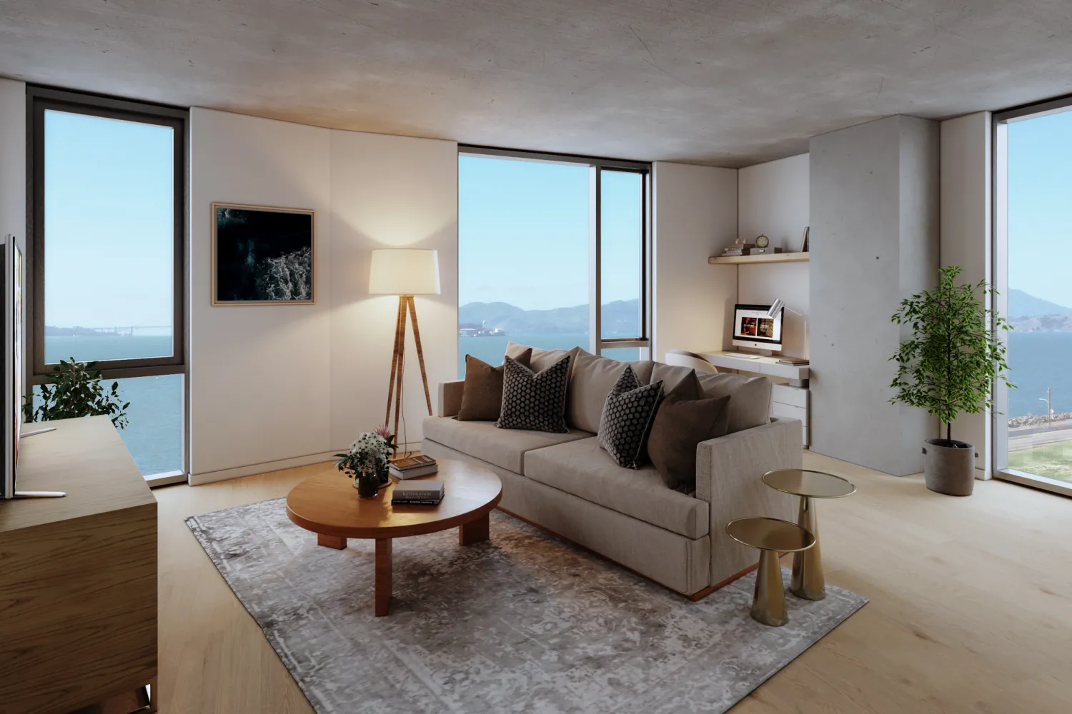 Rendering of a unit living room with the view of the bay for Tidal House in Treasure Island, San Francisco, Ca.