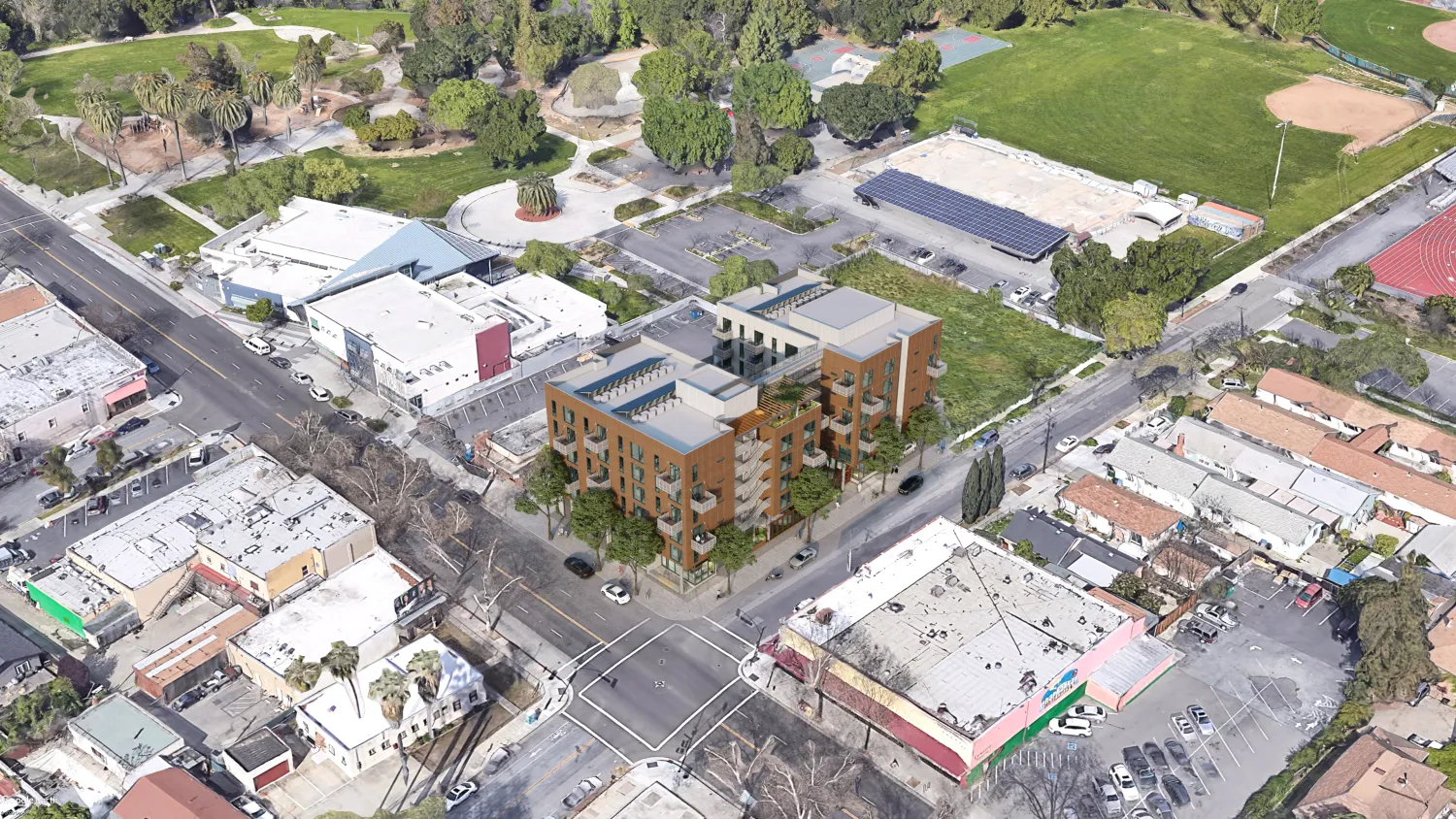 Aerial rendering of The Villages at 995 East Santa Clara in East Santa Clara, Ca.