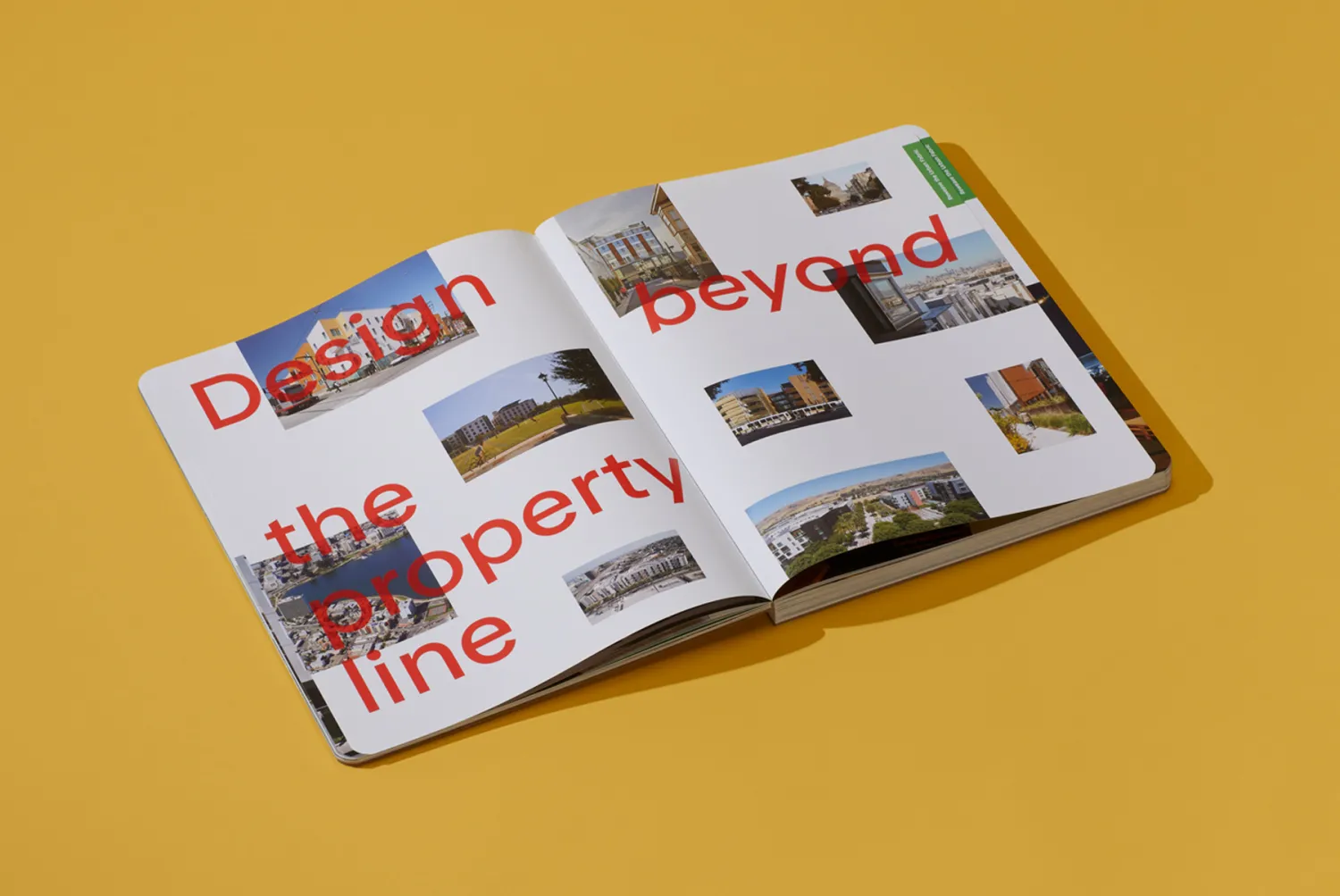 9 Ways book open to a two-page spread with project photos overlaid with the text: "Design beyond the property line"