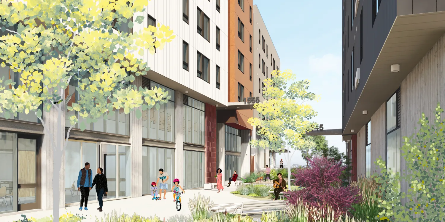 Exterior rendering of the pedestrian greenways at Sunnydale Block 3 in San Francisco.