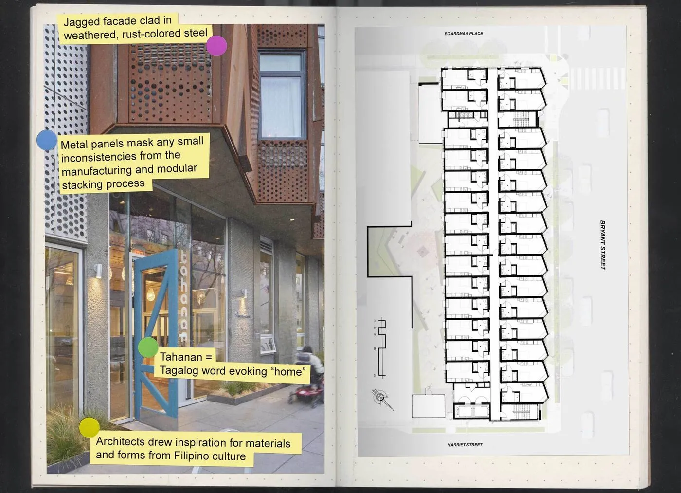 Collage of Tahanan Supportive Housing in San Francisco images. Text: "Jagged Facade clad in weathered, rust-colored steel. Metal panels mask any small inconsistencies from the manufacturing and modular stacking process. Tahanan = Tagalog word evoking "home". Architects drew inspiration for material and forms and Filipino culture."